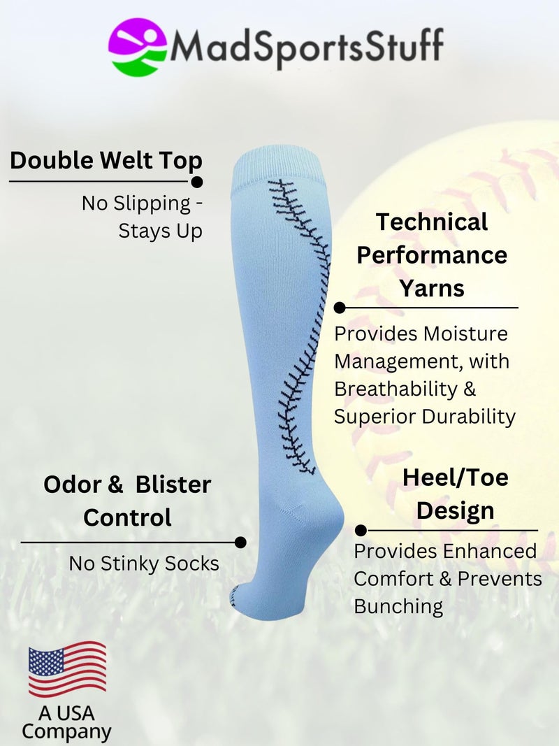MadSportsStuff Softball Socks with Stitches Over the Calf (Columbia Blue/Navy, Medium) - Image 4